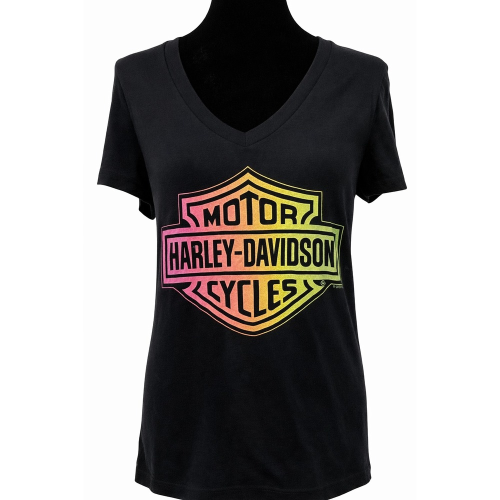 Harley-Davidson Womens Short Sleeve Colorful Sheild T-Shirt Large Black Cotton